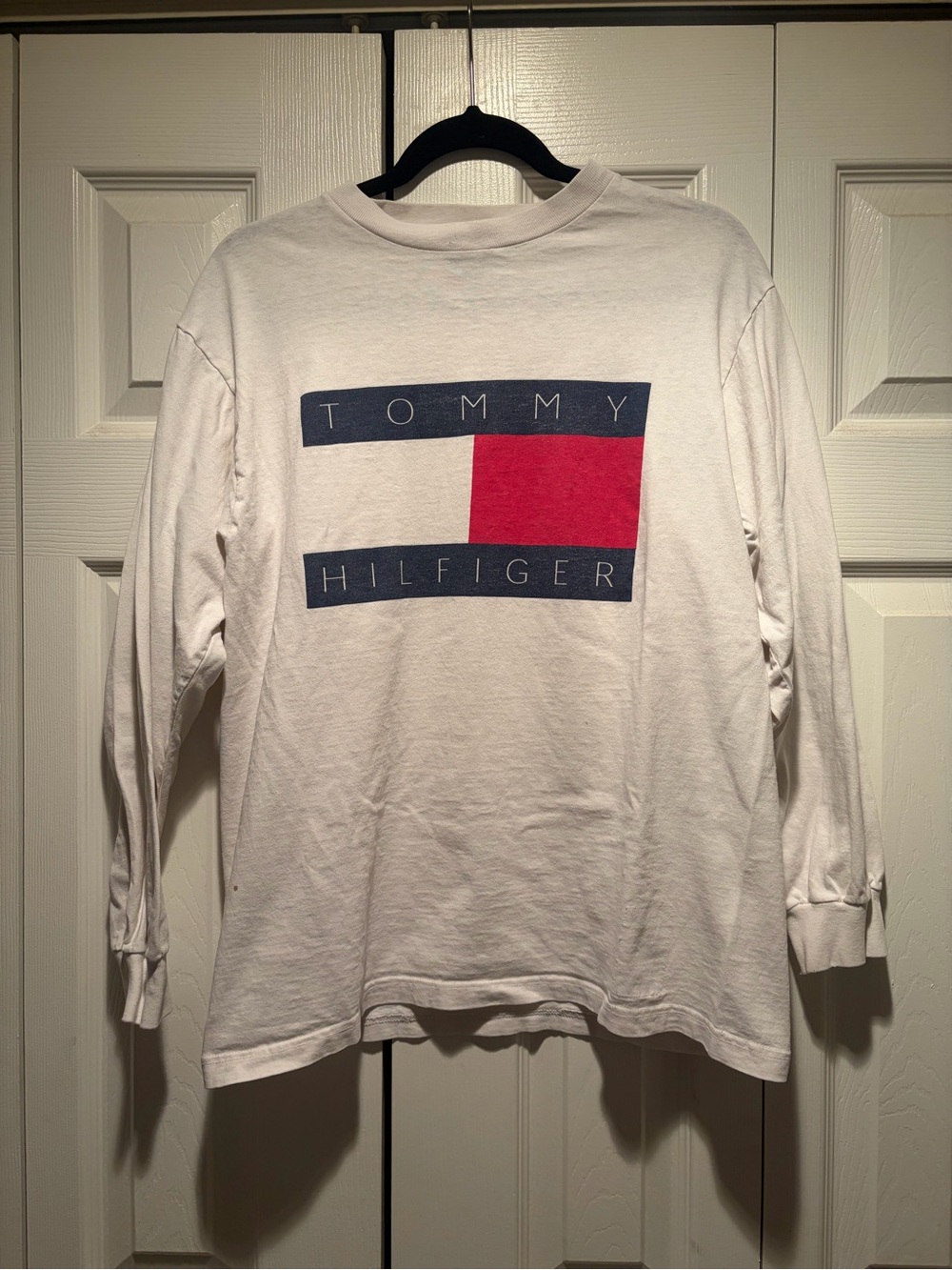 Vintage 90s Tommy Hilfiger Flag Logo Long Sleeve Shirt Small XL Distressed